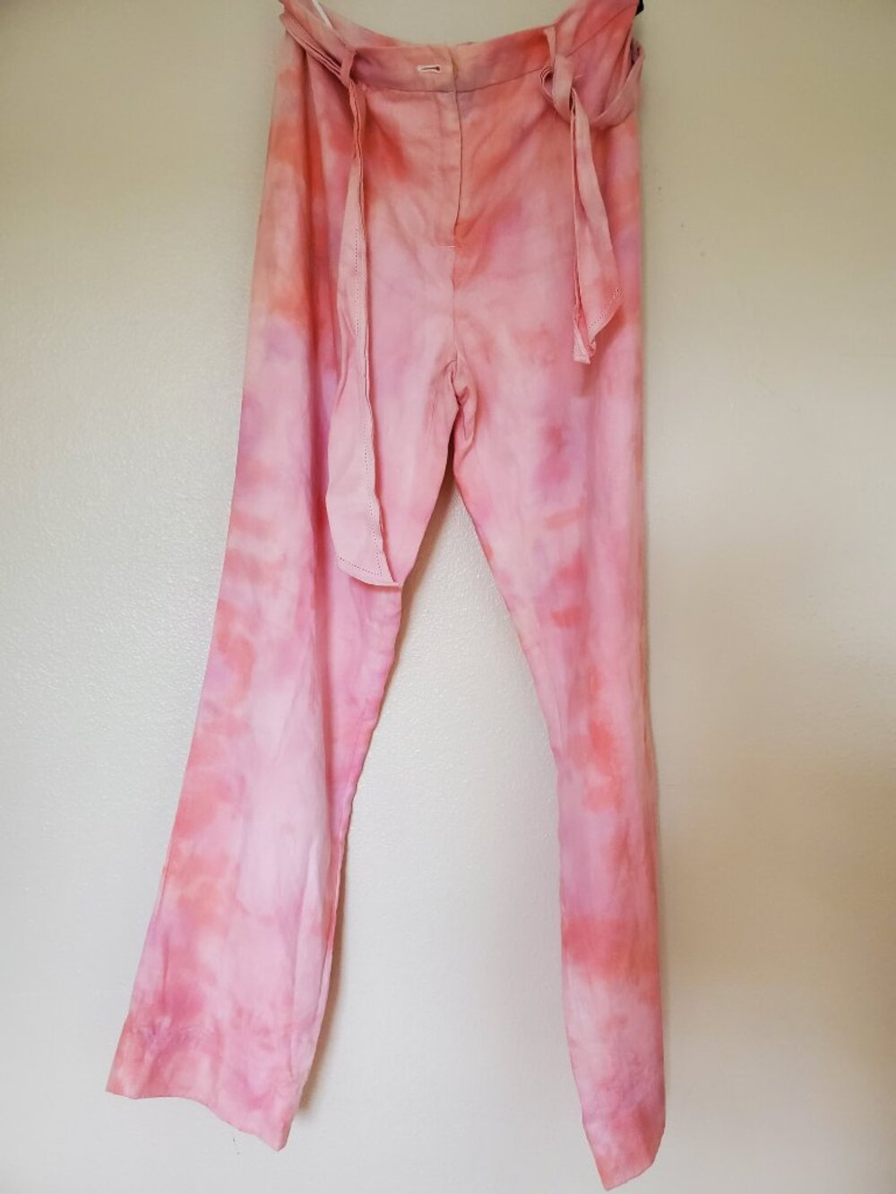 Pink white blush salmon summer beach resort travel Linen pants Med 6 8 tie dyed